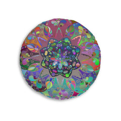 Floor Cushion Mandala Art Hand Drawn - Beautiful colorful Mandala on Turquoise background - Drawn by Hand - Tufted Floor Pillow, Round - Blululi