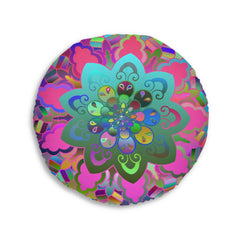 Floor Cushion Mandala Art Hand Drawn - Beautiful colorful Mandala on Turquoise background - Drawn by Hand - Tufted Floor Pillow, Round - Blululi