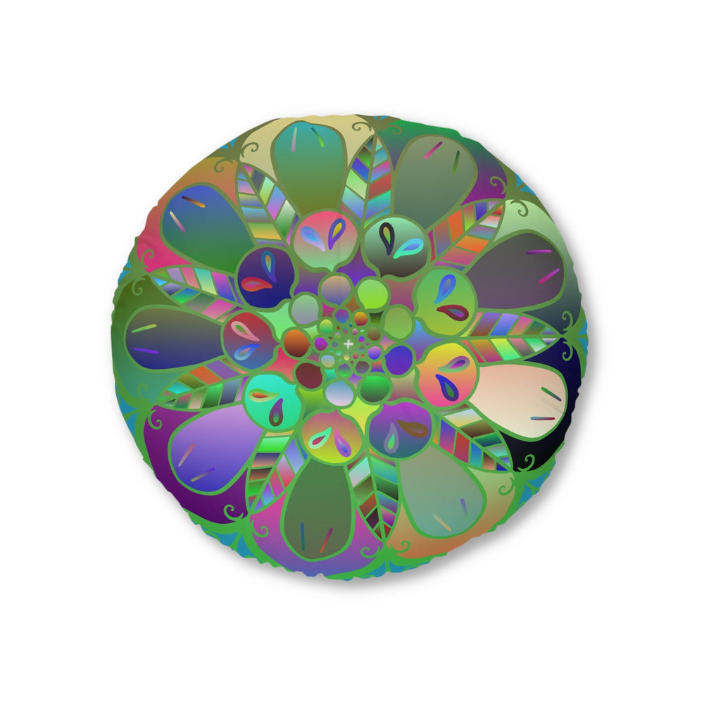 Floor Cushion Mandala Art Hand Drawn - Beautiful colorful Mandala on Turquoise background - Drawn by Hand - Tufted Floor Pillow, Round - Blululi