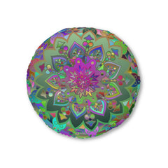 Floor Cushion Mandala Art Hand Drawn - Beautiful colorful Mandala on Turquoise background - Drawn by Hand - Tufted Floor Pillow, Round - Blululi