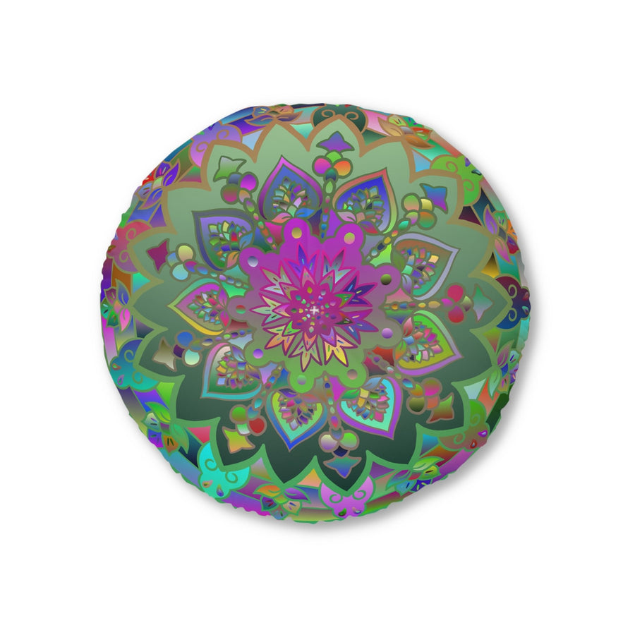 Floor Cushion Mandala Art Hand Drawn - Beautiful colorful Mandala on Turquoise background - Drawn by Hand - Tufted Floor Pillow, Round - Blululi