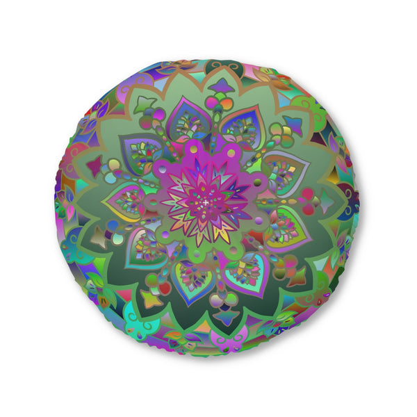 Floor Cushion Mandala Art Hand Drawn - Beautiful colorful Mandala on Turquoise background - Drawn by Hand - Tufted Floor Pillow, Round - Blululi