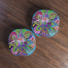 Floor Cushion Mandala Art Hand Drawn - Beautiful colorful Mandala on Turquoise background - Drawn by Hand - Tufted Floor Pillow, Round - Blululi