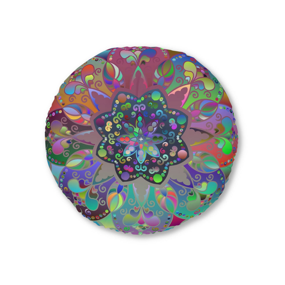 Floor Cushion Mandala Art Hand Drawn - Beautiful colorful Mandala on Turquoise background - Drawn by Hand - Tufted Floor Pillow, Round - Blululi