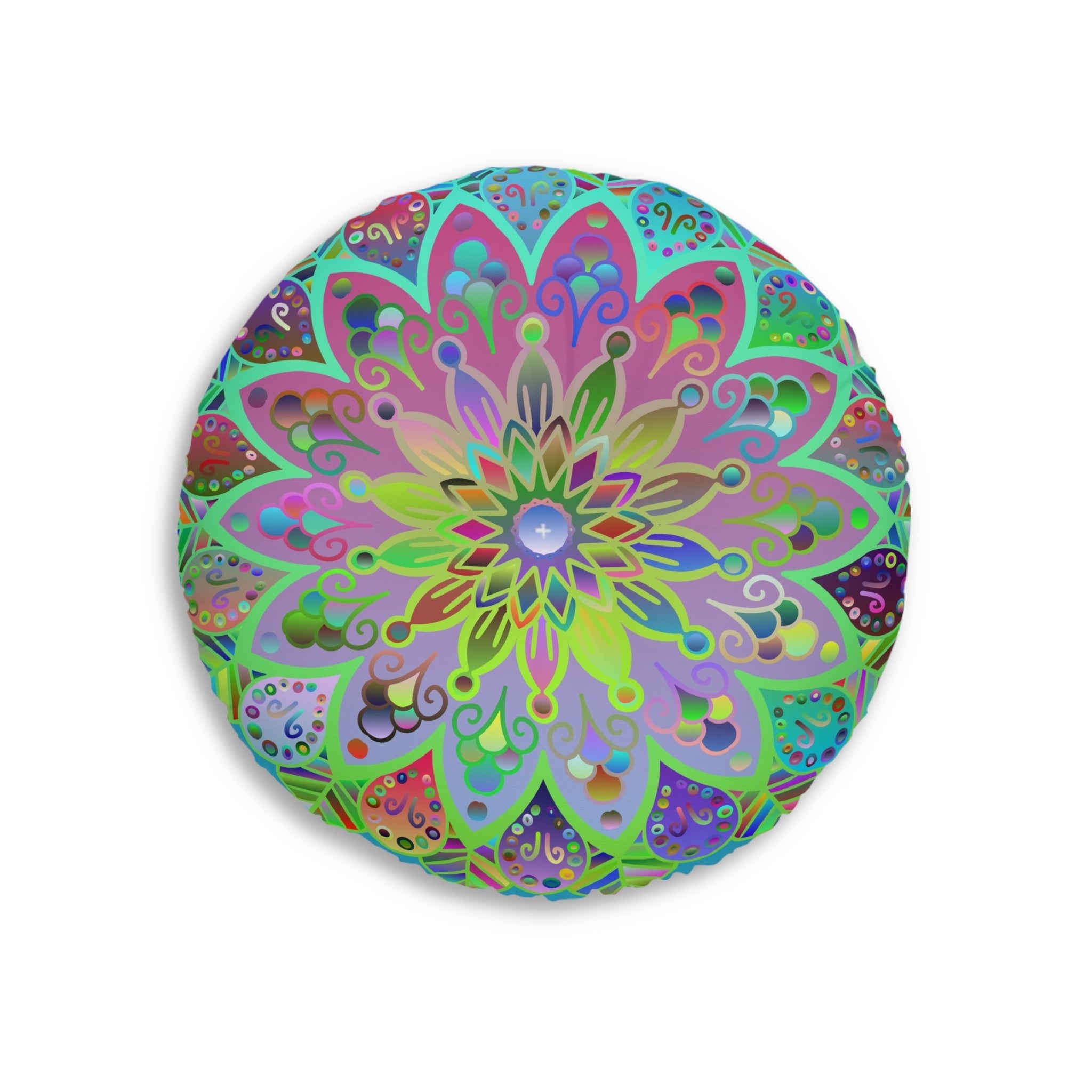 Floor Cushion Mandala Art Hand Drawn - Beautiful colorful Mandala on Turquoise background - Drawn by Hand - Tufted Floor Pillow, Round - Blululi