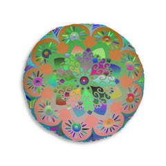 Floor Cushion Mandala Art Hand Drawn - Beautiful colorful Mandala on Turquoise background - Drawn by Hand - Tufted Floor Pillow, Round - Blululi