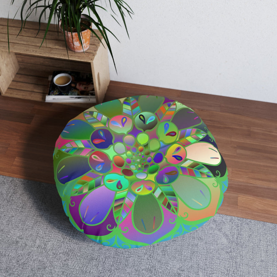 Floor Cushion Mandala Art Hand Drawn - Beautiful colorful Mandala on Turquoise background - Drawn by Hand - Tufted Floor Pillow, Round - Blululi