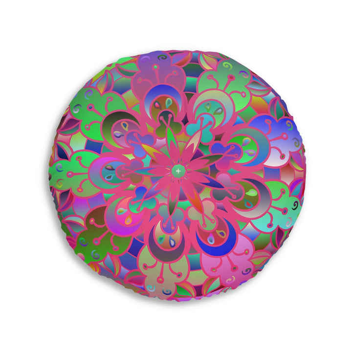 Floor Cushion Mandala Art Hand Drawn - Beautiful colorful Mandala on Turquoise background - Drawn by Hand - Tufted Floor Pillow, Round - Blululi