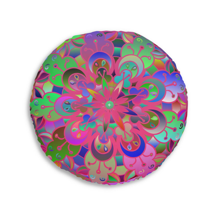 Floor Cushion Mandala Art Hand Drawn - Beautiful colorful Mandala on Turquoise background - Drawn by Hand - Tufted Floor Pillow, Round - Blululi