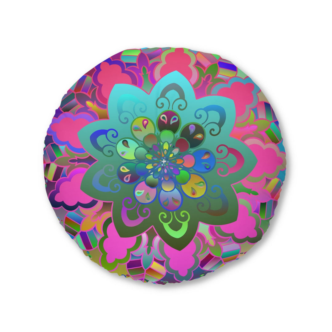 Floor Cushion Mandala Art Hand Drawn - Beautiful colorful Mandala on Turquoise background - Drawn by Hand - Tufted Floor Pillow, Round - Blululi