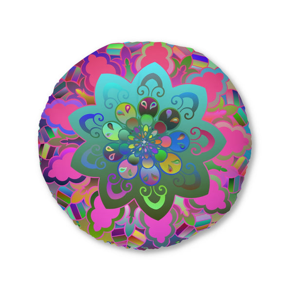 Floor Cushion Mandala Art Hand Drawn - Beautiful colorful Mandala on Turquoise background - Drawn by Hand - Tufted Floor Pillow, Round - Blululi