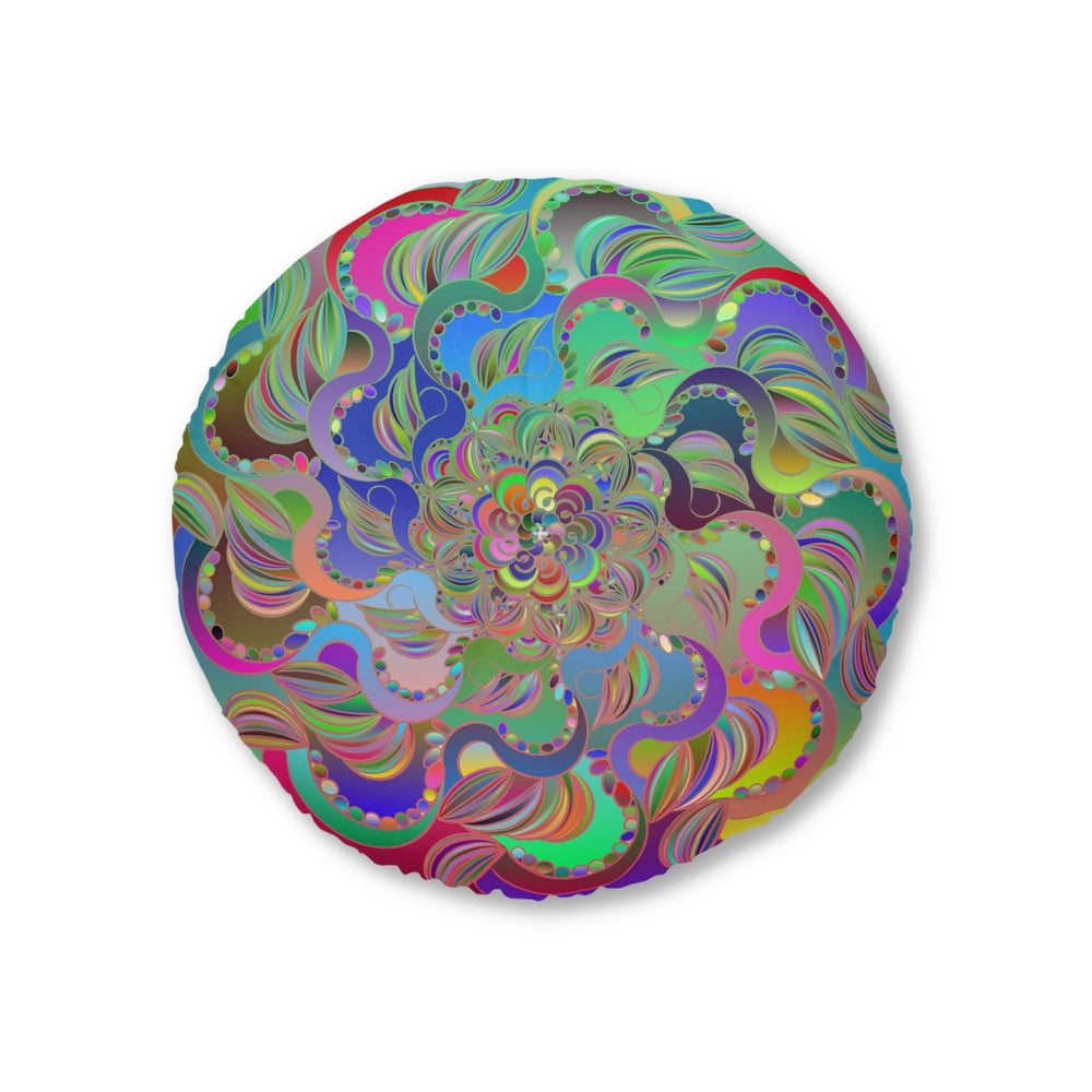 Floor Cushion Mandala Art Hand Drawn - Beautiful colorful Mandala on Turquoise background - Drawn by Hand - Tufted Floor Pillow, Round - Blululi