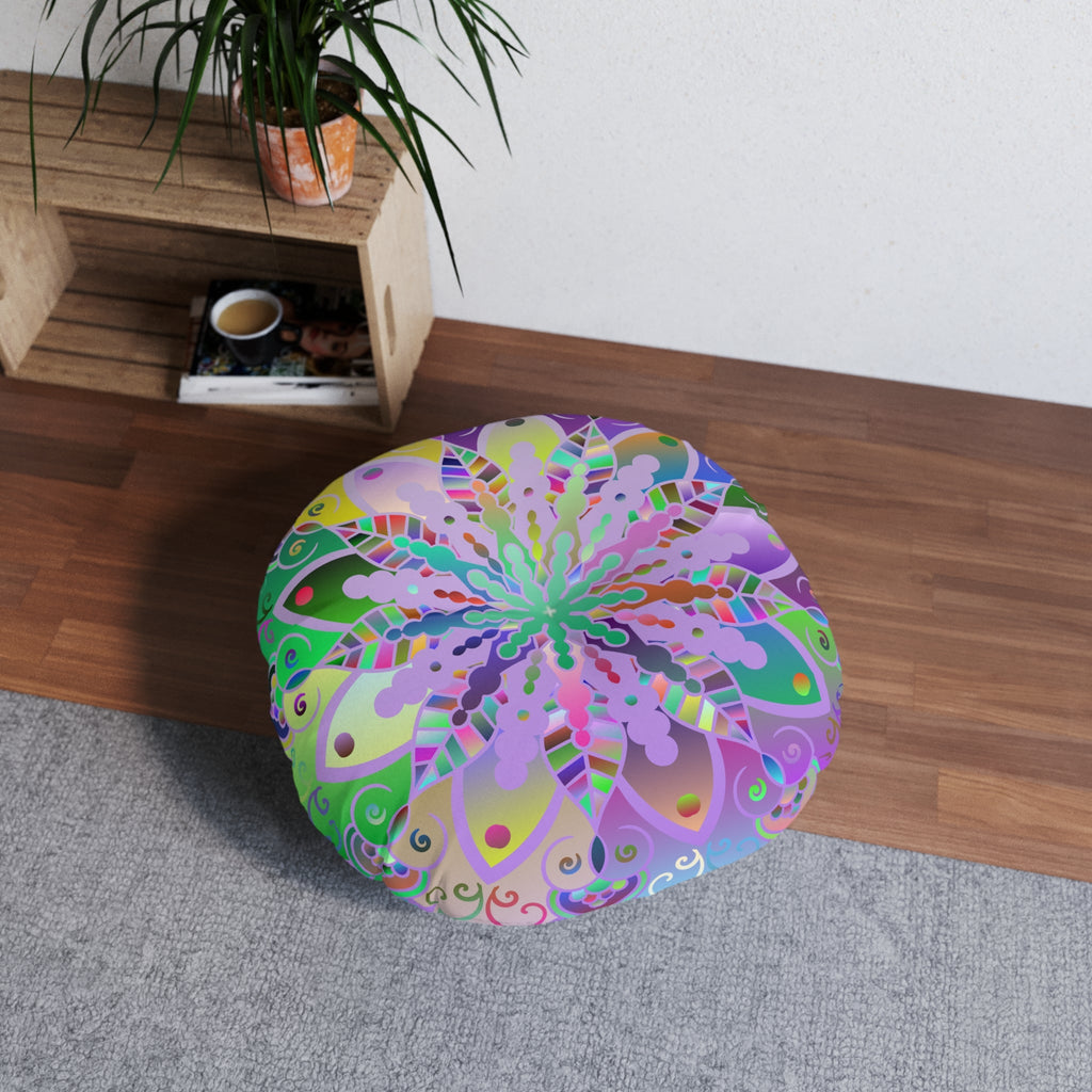 Floor Cushion Mandala Art Hand Drawn - Beautiful colorful Mandala on Turquoise background - Drawn by Hand - Tufted Floor Pillow, Round - Blululi