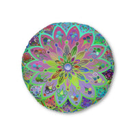 Floor Cushion Mandala Art Hand Drawn - Beautiful colorful Mandala on Turquoise background - Drawn by Hand - Tufted Floor Pillow, Round - Blululi