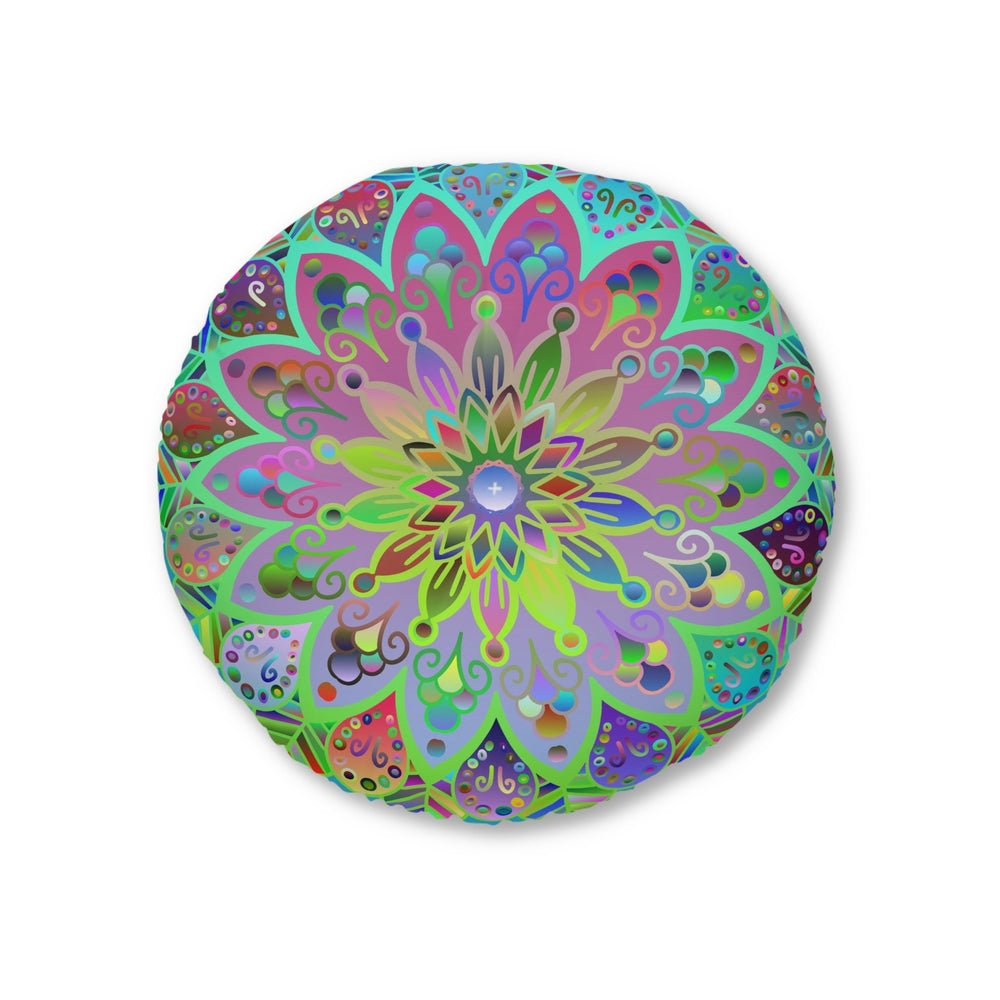 Floor Cushion Mandala Art Hand Drawn - Beautiful colorful Mandala on Turquoise background - Drawn by Hand - Tufted Floor Pillow, Round - Blululi