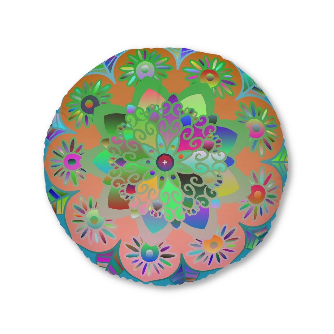 Floor Cushion Mandala Art Hand Drawn - Beautiful colorful Mandala on Turquoise background - Drawn by Hand - Tufted Floor Pillow, Round - Blululi