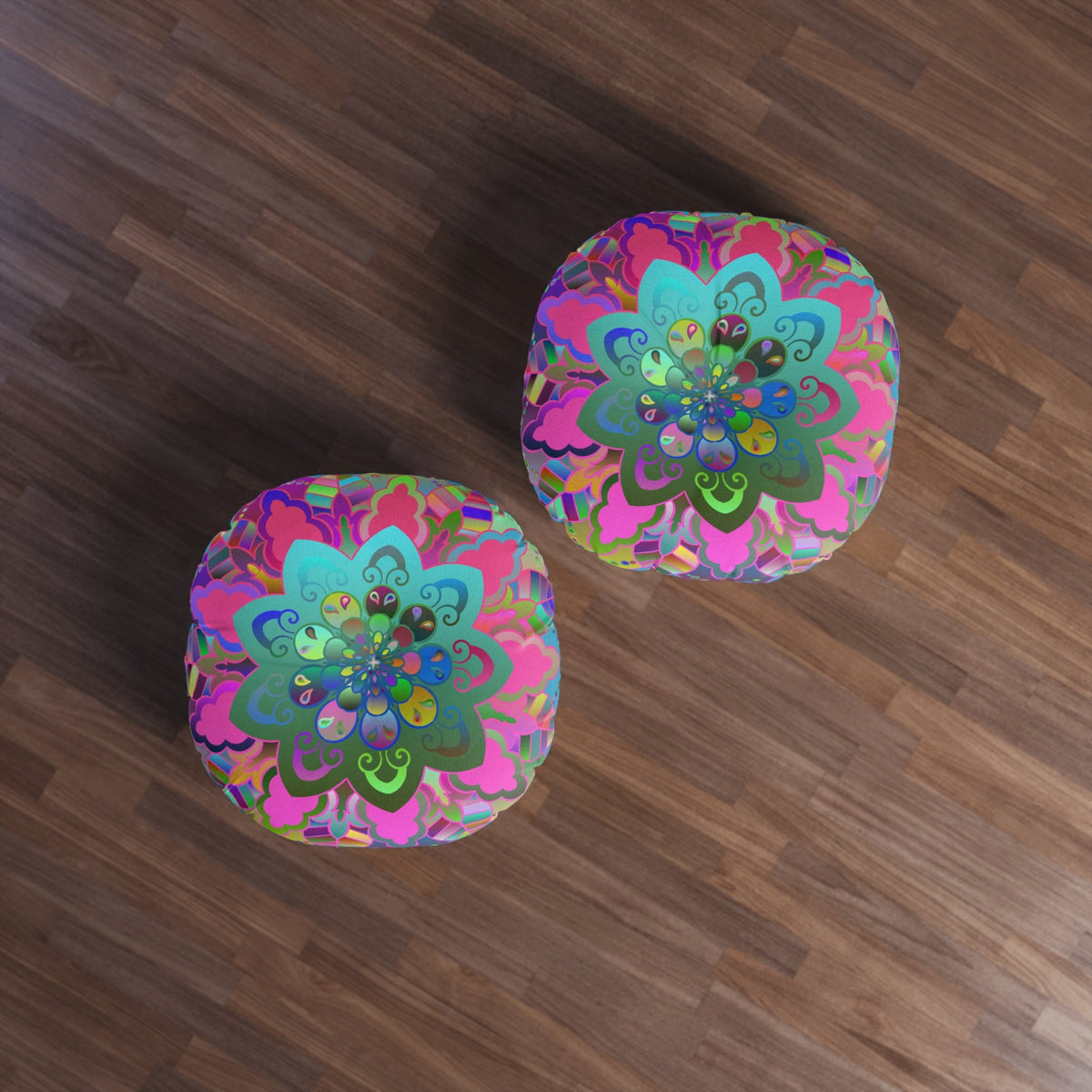 Floor Cushion Mandala Art Hand Drawn - Beautiful colorful Mandala on Turquoise background - Drawn by Hand - Tufted Floor Pillow, Round - Blululi