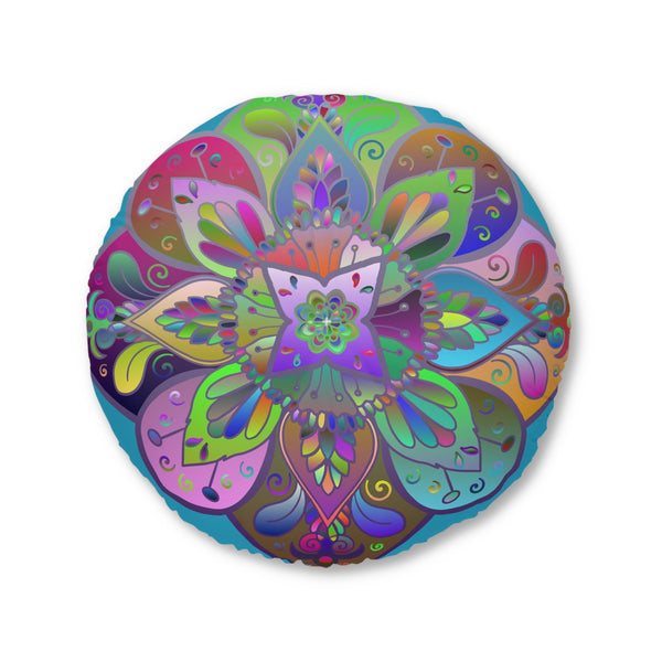 Floor Cushion Mandala Art Hand Drawn - Beautiful colorful Mandala on Turquoise background - Drawn by Hand - Tufted Floor Pillow, Round - Blululi