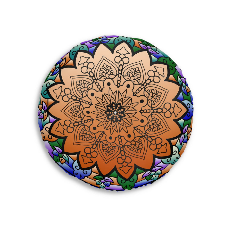 Floor Cushion Mandala Art Hand Drawn - Beautiful colors on Dark Blue background - Drawn by Hand - Tufted Floor Pillow, Round - Blululi