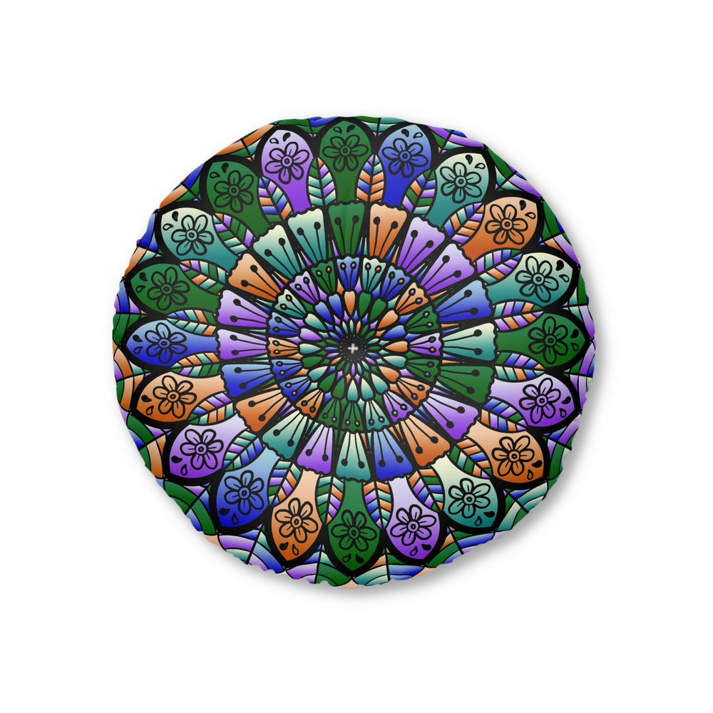 Floor Cushion Mandala Art Hand Drawn - Beautiful colors on Dark Blue background - Drawn by Hand - Tufted Floor Pillow, Round - Blululi