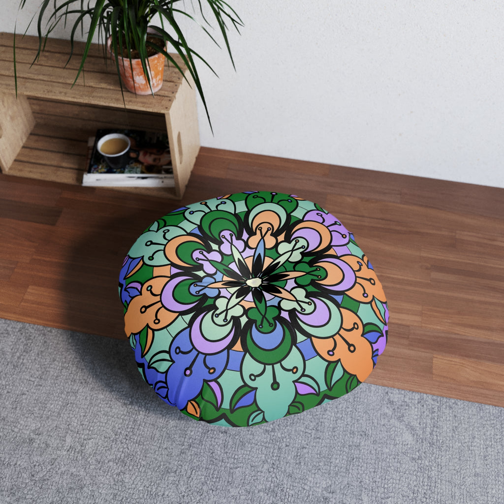 Floor Cushion Mandala Art Hand Drawn - Beautiful colors on Dark Blue background - Drawn by Hand - Tufted Floor Pillow, Round - Blululi