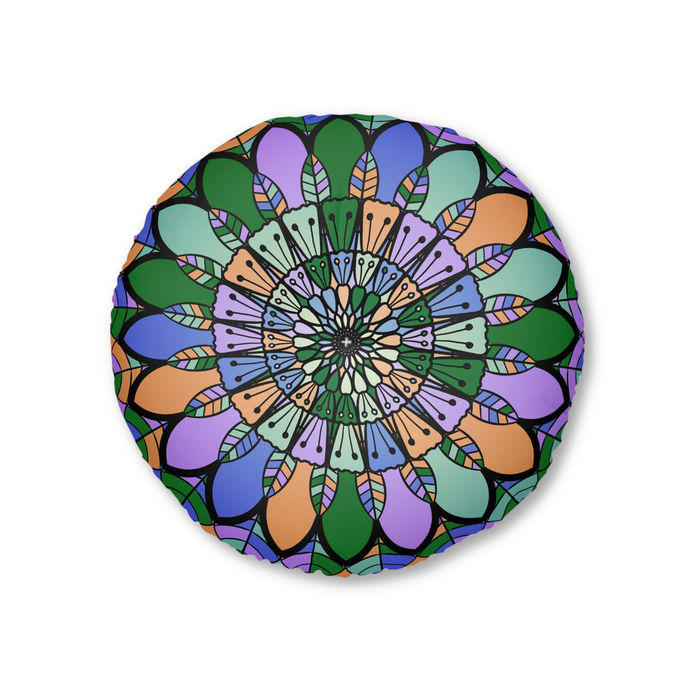 Floor Cushion Mandala Art Hand Drawn - Beautiful colors on Dark Blue background - Drawn by Hand - Tufted Floor Pillow, Round - Blululi