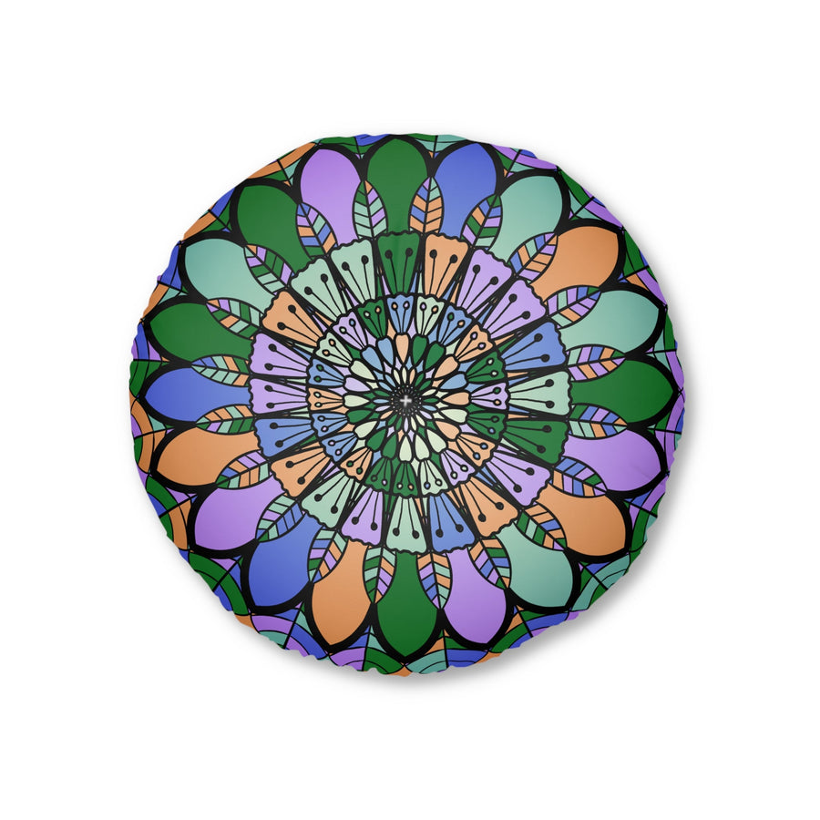 Floor Cushion Mandala Art Hand Drawn - Beautiful colors on Dark Blue background - Drawn by Hand - Tufted Floor Pillow, Round - Blululi
