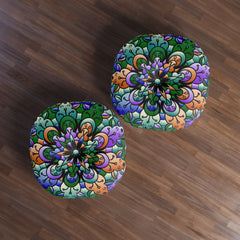 Floor Cushion Mandala Art Hand Drawn - Beautiful colors on Dark Blue background - Drawn by Hand - Tufted Floor Pillow, Round - Blululi