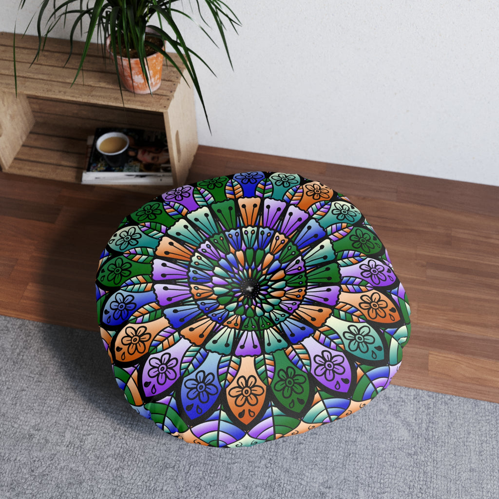 Floor Cushion Mandala Art Hand Drawn - Beautiful colors on Dark Blue background - Drawn by Hand - Tufted Floor Pillow, Round - Blululi