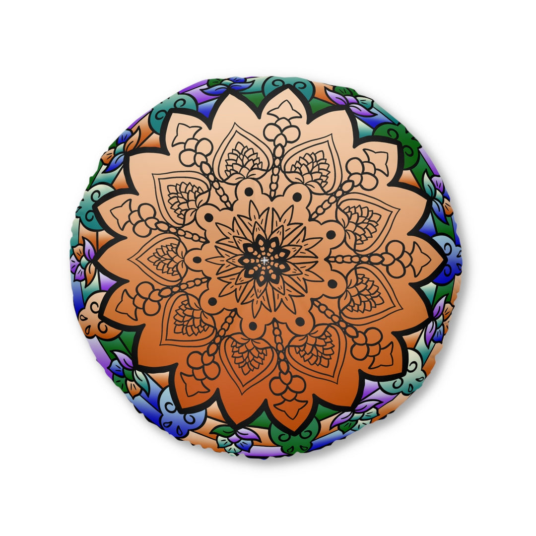 Floor Cushion Mandala Art Hand Drawn - Beautiful colors on Dark Blue background - Drawn by Hand - Tufted Floor Pillow, Round - Blululi