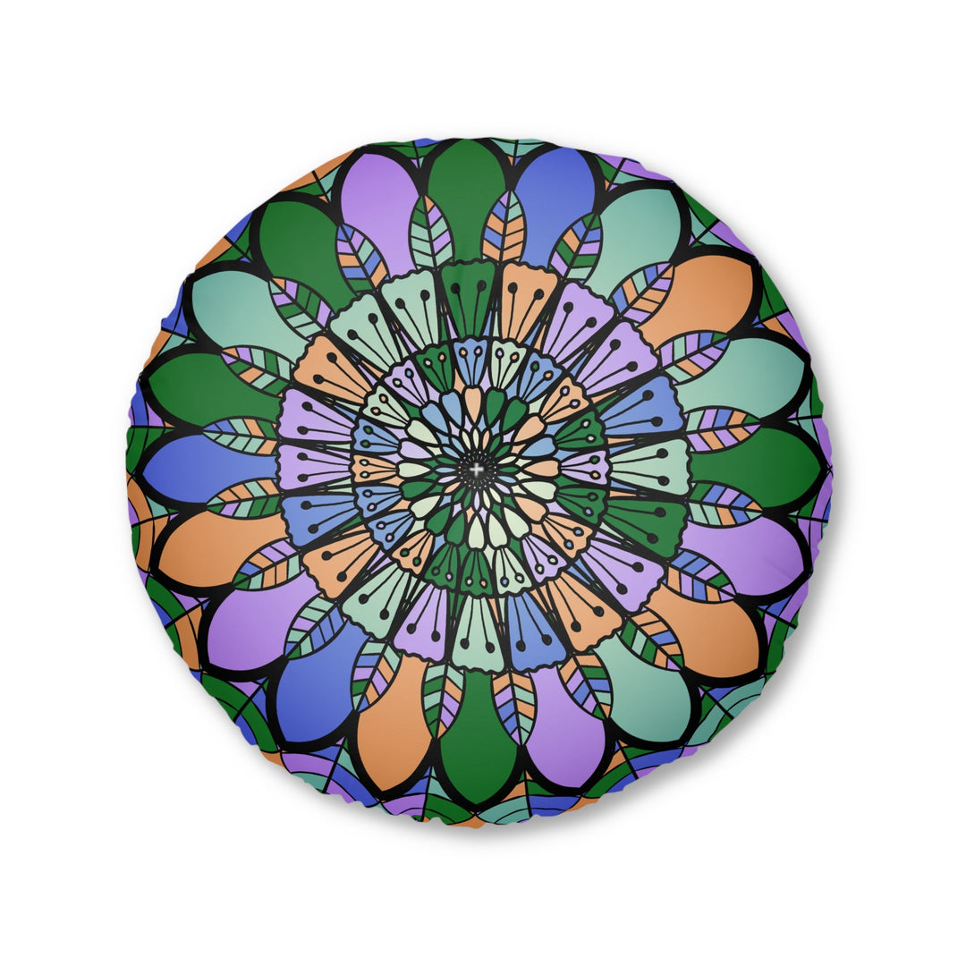 Floor Cushion Mandala Art Hand Drawn - Beautiful colors on Dark Blue background - Drawn by Hand - Tufted Floor Pillow, Round - Blululi