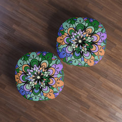 Floor Cushion Mandala Art Hand Drawn - Beautiful colors on Dark Blue background - Drawn by Hand - Tufted Floor Pillow, Round - Blululi