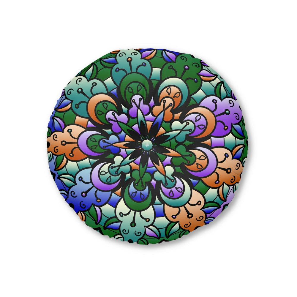 Floor Cushion Mandala Art Hand Drawn - Beautiful colors on Dark Blue background - Drawn by Hand - Tufted Floor Pillow, Round - Blululi