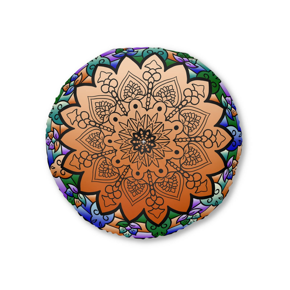 Floor Cushion Mandala Art Hand Drawn - Beautiful colors on Dark Blue background - Drawn by Hand - Tufted Floor Pillow, Round - Blululi