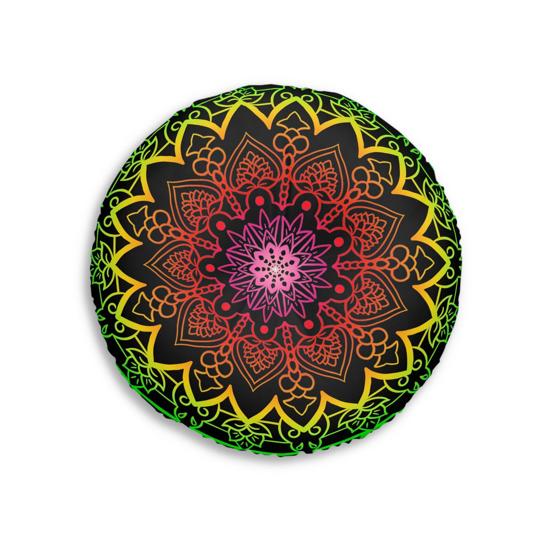 Floor Cushion Mandala Art Hand Drawn - Flower colors on Black background - Drawn by Hand - Tufted Floor Pillow, Round - Blululi