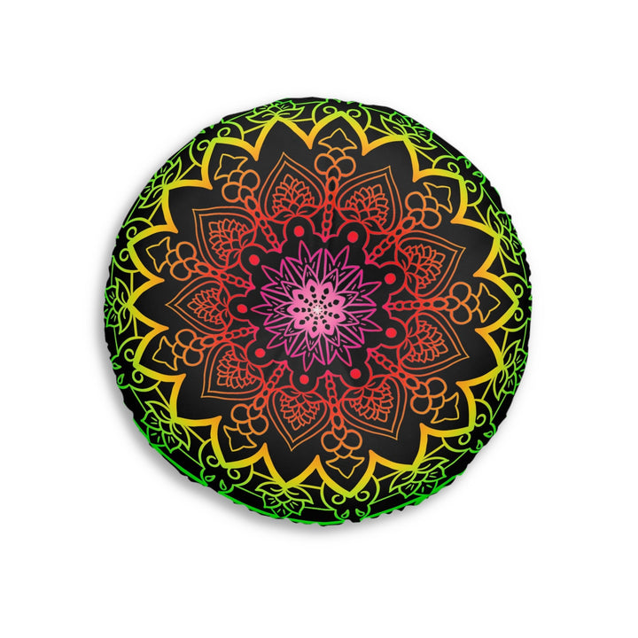 Floor Cushion Mandala Art Hand Drawn - Flower colors on Black background - Drawn by Hand - Tufted Floor Pillow, Round - Blululi