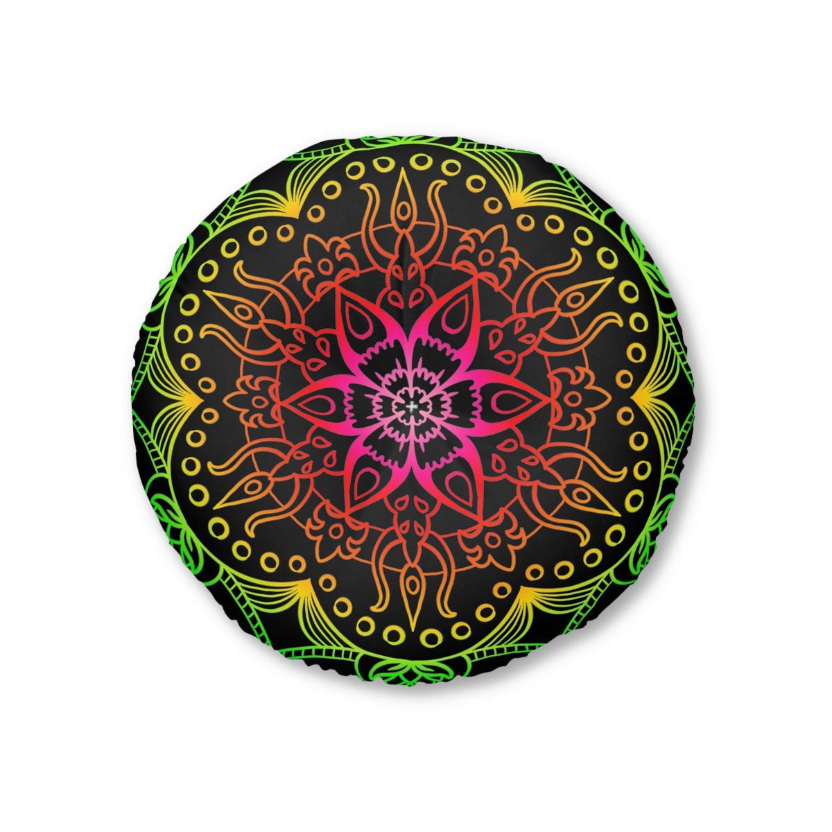 Floor Cushion Mandala Art Hand Drawn - Flower colors on Black background - Drawn by Hand - Tufted Floor Pillow, Round - Blululi