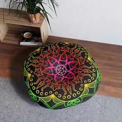 Floor Cushion Mandala Art Hand Drawn - Flower colors on Black background - Drawn by Hand - Tufted Floor Pillow, Round - Blululi