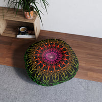 Floor Cushion Mandala Art Hand Drawn - Flower colors on Black background - Drawn by Hand - Tufted Floor Pillow, Round - Blululi