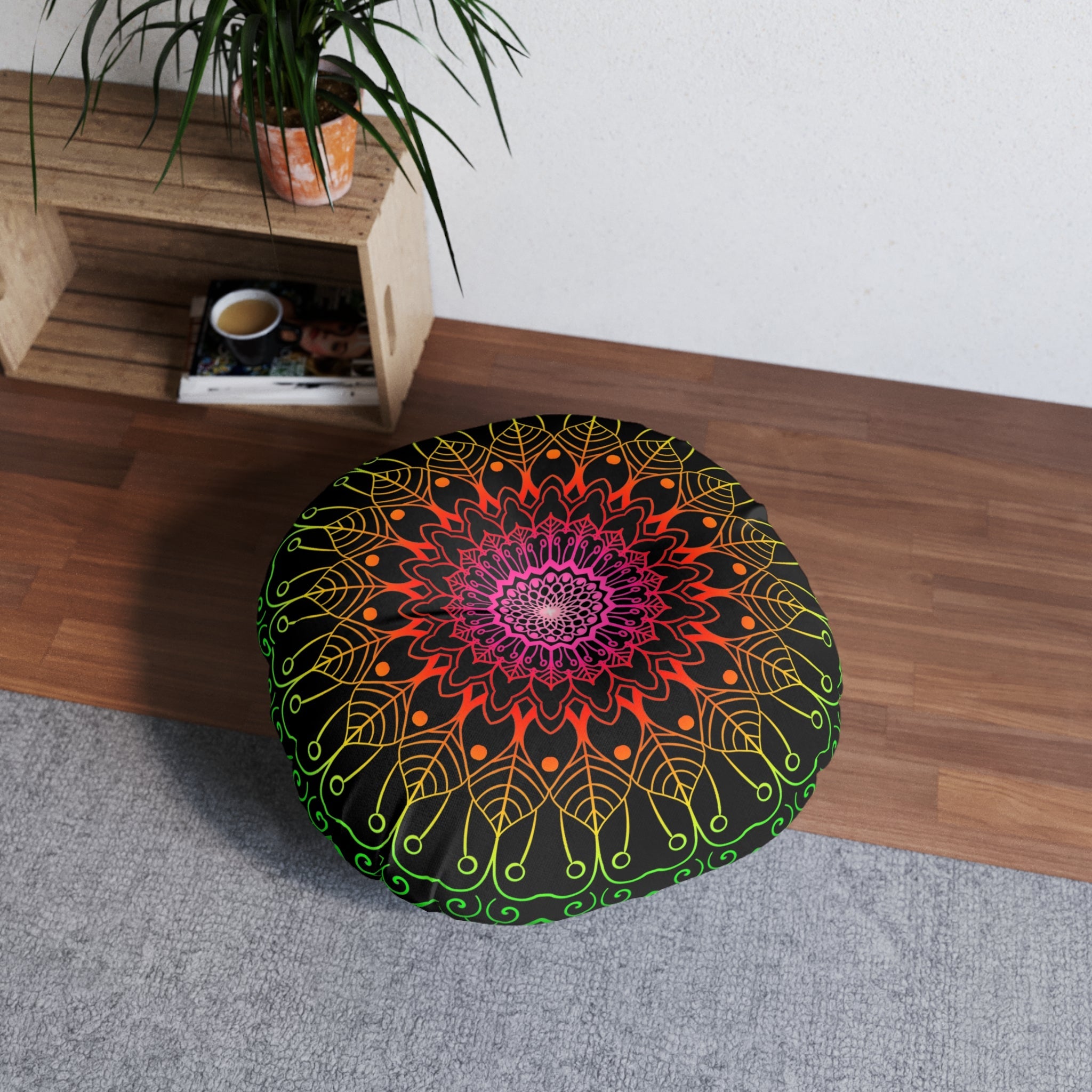Floor Cushion Mandala Art Hand Drawn - Flower colors on Black background - Drawn by Hand - Tufted Floor Pillow, Round - Blululi