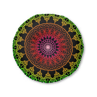 Floor Cushion Mandala Art Hand Drawn - Flower colors on Black background - Drawn by Hand - Tufted Floor Pillow, Round - Blululi