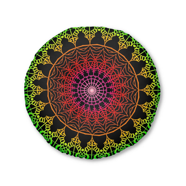 Floor Cushion Mandala Art Hand Drawn - Flower colors on Black background - Drawn by Hand - Tufted Floor Pillow, Round - Blululi