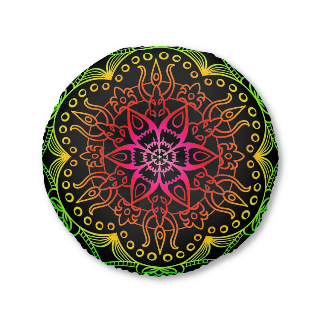 Floor Cushion Mandala Art Hand Drawn - Flower colors on Black background - Drawn by Hand - Tufted Floor Pillow, Round - Blululi