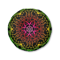 Floor Cushion Mandala Art Hand Drawn - Flower colors on Black background - Drawn by Hand - Tufted Floor Pillow, Round - Blululi