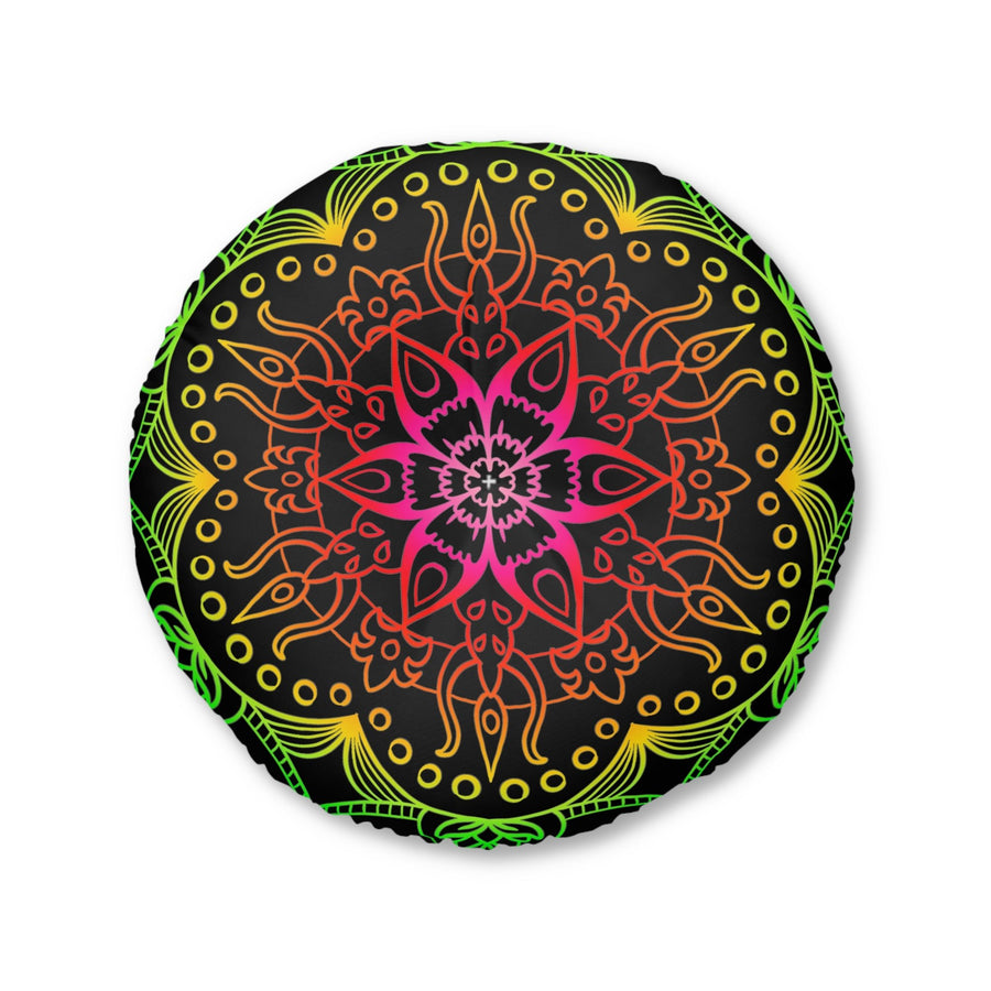 Floor Cushion Mandala Art Hand Drawn - Flower colors on Black background - Drawn by Hand - Tufted Floor Pillow, Round - Blululi