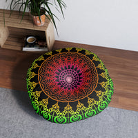 Floor Cushion Mandala Art Hand Drawn - Flower colors on Black background - Drawn by Hand - Tufted Floor Pillow, Round - Blululi