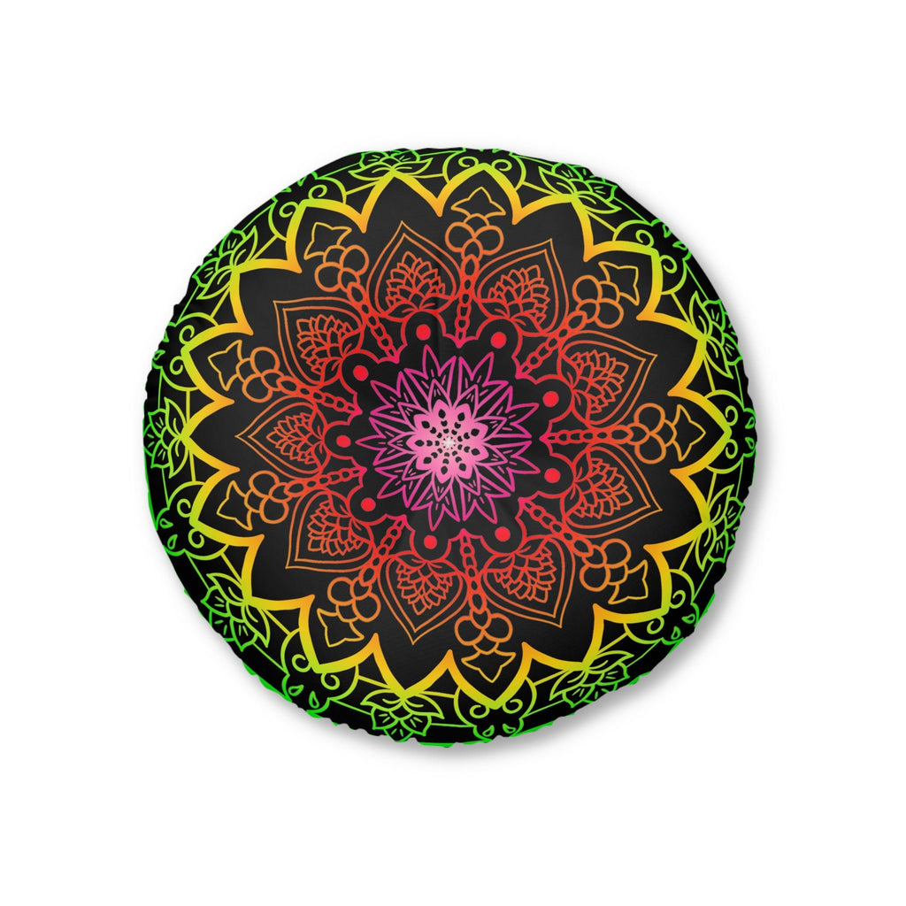 Floor Cushion Mandala Art Hand Drawn - Flower colors on Black background - Drawn by Hand - Tufted Floor Pillow, Round - Blululi