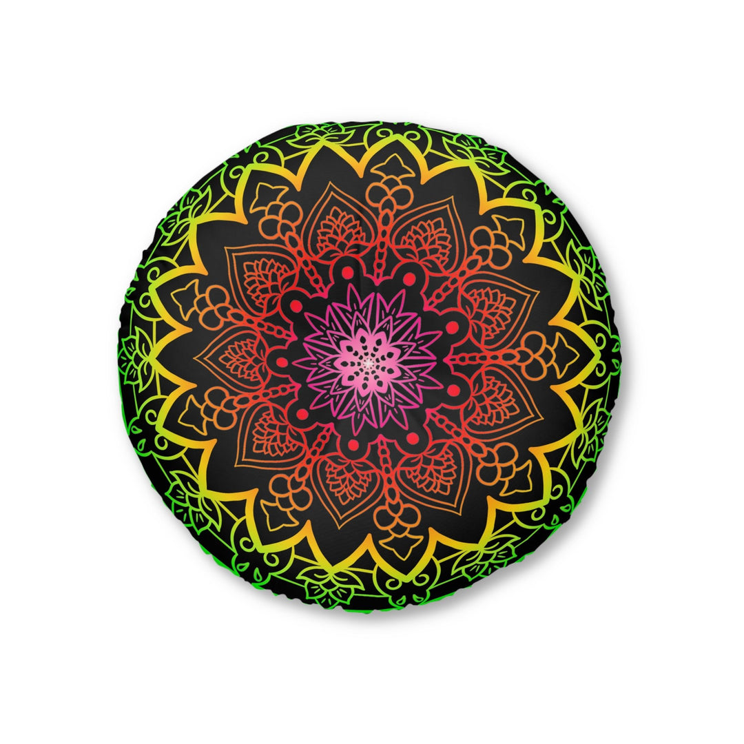 Floor Cushion Mandala Art Hand Drawn - Flower colors on Black background - Drawn by Hand - Tufted Floor Pillow, Round - Blululi