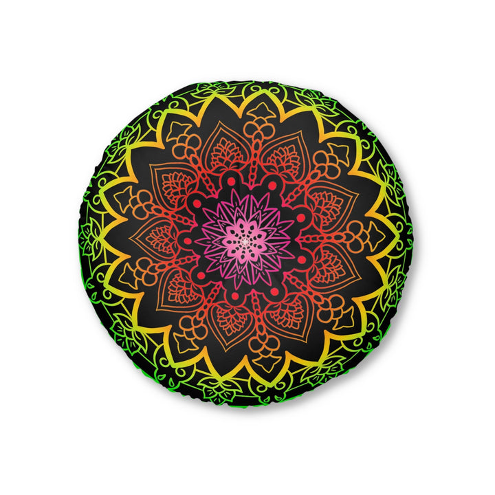 Floor Cushion Mandala Art Hand Drawn - Flower colors on Black background - Drawn by Hand - Tufted Floor Pillow, Round - Blululi