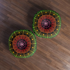 Floor Cushion Mandala Art Hand Drawn - Flower colors on Black background - Drawn by Hand - Tufted Floor Pillow, Round - Blululi